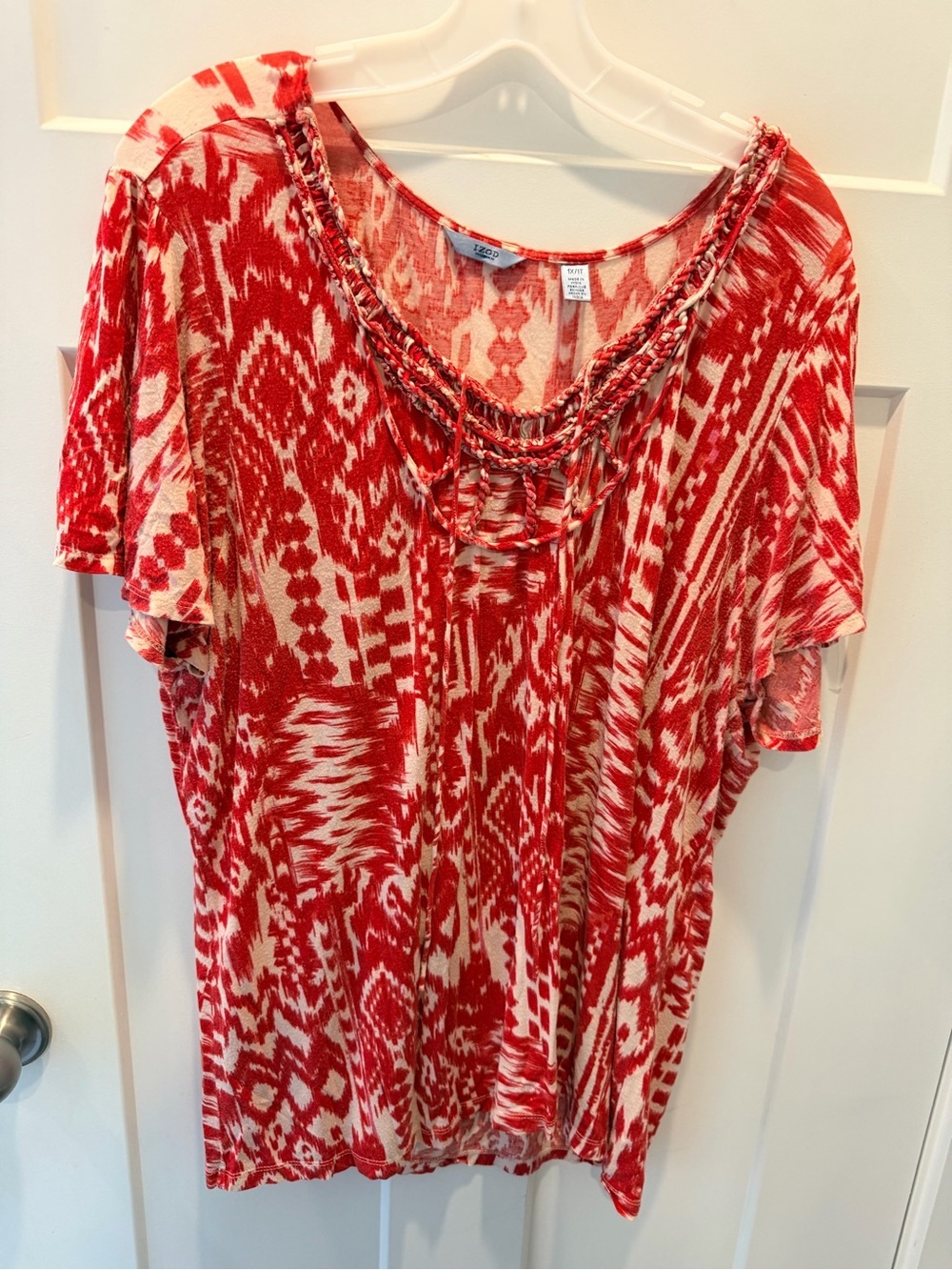 IZOD Woman 1X Red Ikat Boho Blouse Braided Neck Plus Size Short Sleeve Top